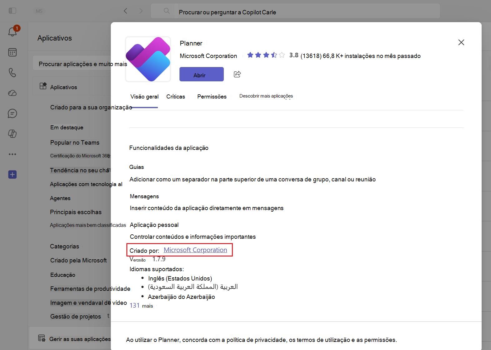 Captura de tela mostrando uma lista de aplicativos da Microsoft no centro de administração do Teams