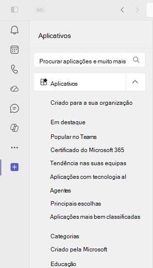Captura de tela mostrando que os aplicativos principais são os aplicativos fixados no Teams por padrão.