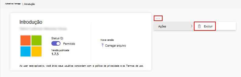 Captura de tela mostrando a opção no centro de administração para excluir ou remover um aplicativo personalizado.