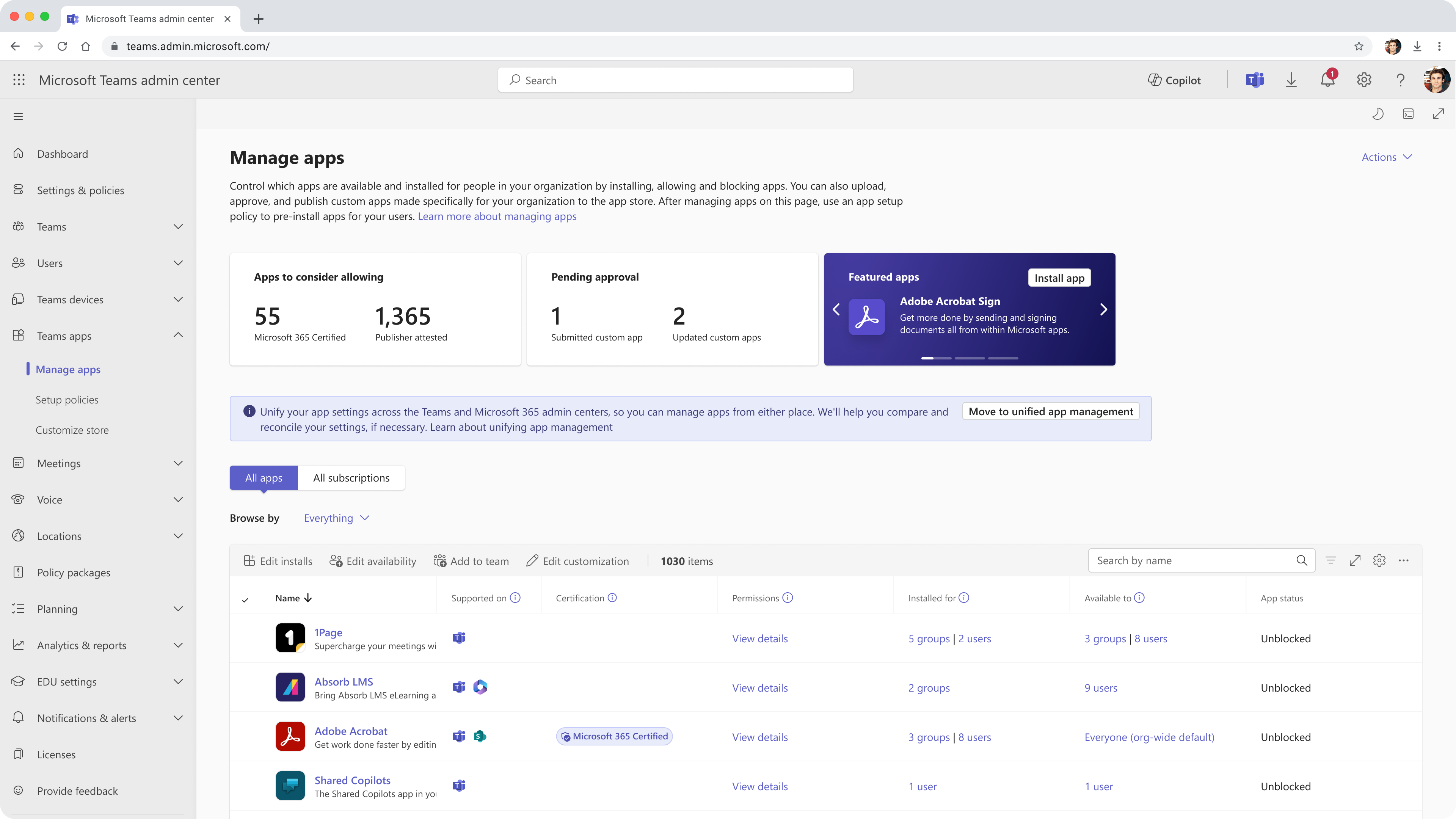 Captura de ecrã a mostrar a faixa mover para a gestão de aplicações unificada na home page Gerir aplicações.