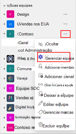 Captura de ecrã a mostrar a opção Gerir equipa para alterar as definições de uma equipa.