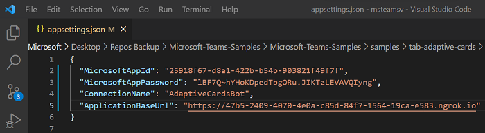 Captura de tela do Visual Studio exibindo appsettings.json arquivo.