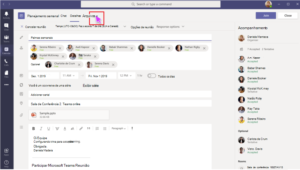 Captura de ecrã a mostrar a experiência da aplicação pré-reunião na reunião do Teams.