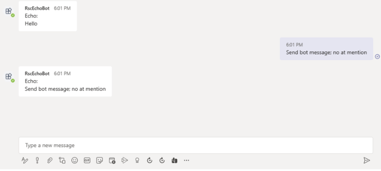 A captura de tela mostra o bot respondendo a uma mensagem sem um menção.