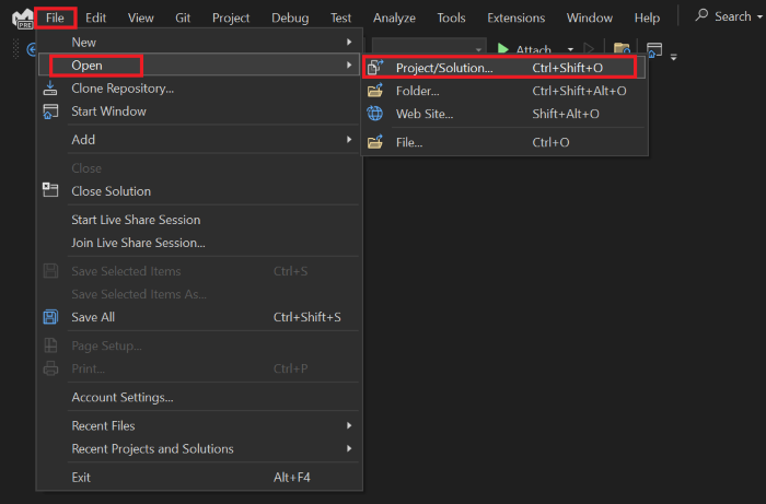 Captura de ecrã do menu de ficheiros do Visual Studio. As entradas de menu intituladas Abrir no menu Ficheiro e Projeto/Solução em Abrir estão realçadas a vermelho.