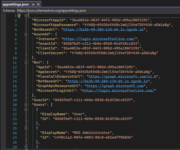 Captura de tela de appsettings.json exibindo os detalhes das configurações de aplicativos.
