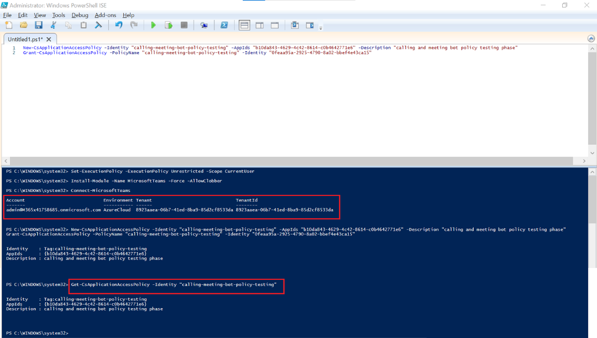 Captura de tela de Windows PowerShell ISE com detalhes da conta realçados em vermelho.