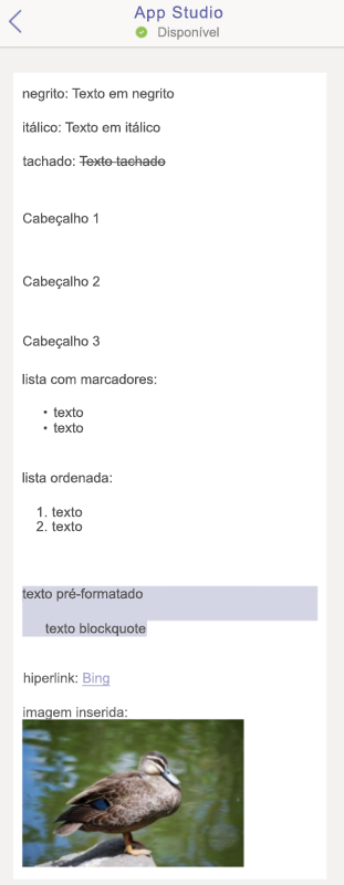 Captura de ecrã a mostrar a formatação HTML no cliente iOS.