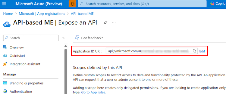 A captura de tela mostra o URI da ID do Aplicativo no Microsoft Entra ID.