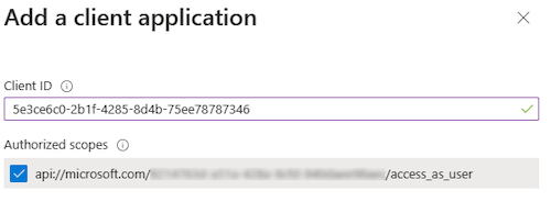A captura de tela mostra a opção ID do Cliente e Escopos Autorizados para adicionar um aplicativo cliente ao aplicativo no portal do Azure. Adicionar um aplicativo cliente