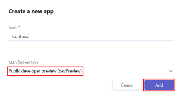 A captura de tela mostra o nome do aplicativo e a versão do manifesto selecionado como Pré-lançamento mais recente (devPreview) no Portal do Desenvolvedor.