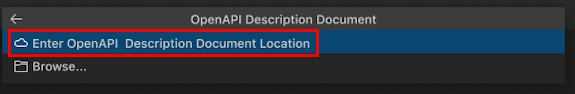 A captura de tela mostra a opção de selecionar o local do documento de descrição do OpenAPI.