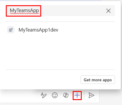A captura de tela mostra um exemplo do menu de submenu de extensão de mensagem invocado do ícone Adição e MyTeamsApp inserido no campo de pesquisa. O aplicativo é exibido nos resultados da pesquisa.