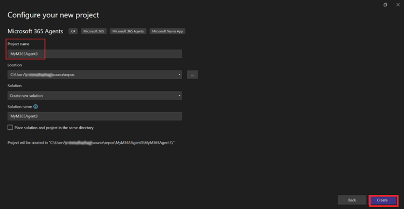 A captura de tela mostra o nome do projeto, o Local e a opção Criar no Visual Studio.