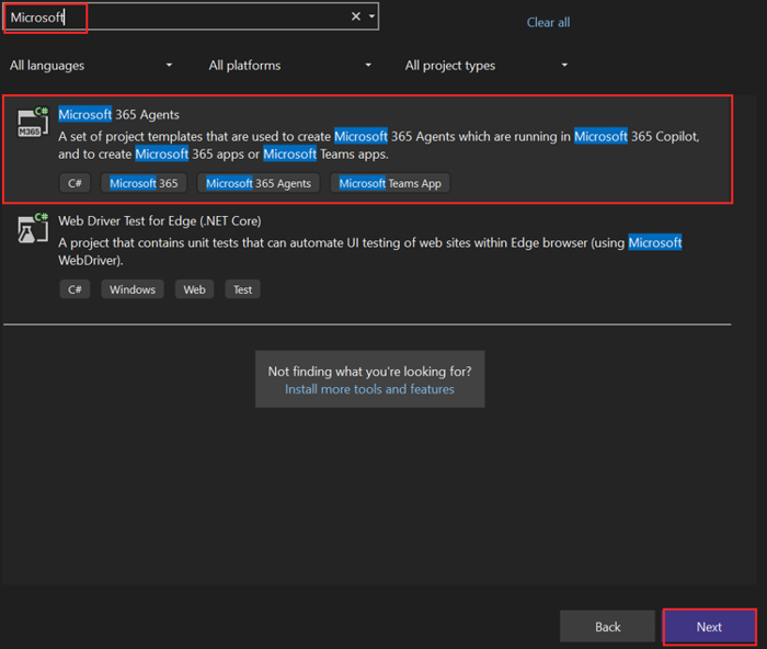 A captura de tela mostra a opção de aplicativo Microsoft Teams no Visual Studio.