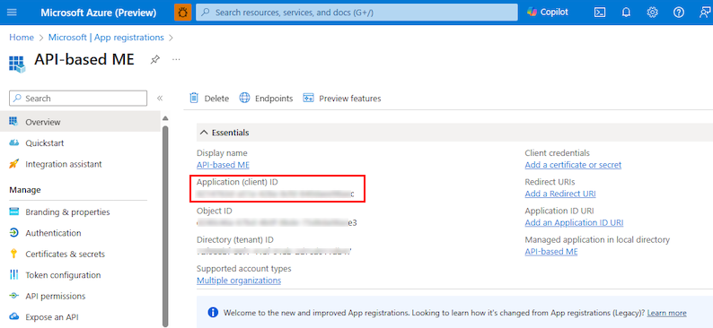 A captura de tela mostra a página de detalhes do aplicativo no portal do Azure.