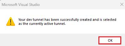 Captura de ecrã a mostrar a mensagem de pop-up a indicar que o túnel foi criado.