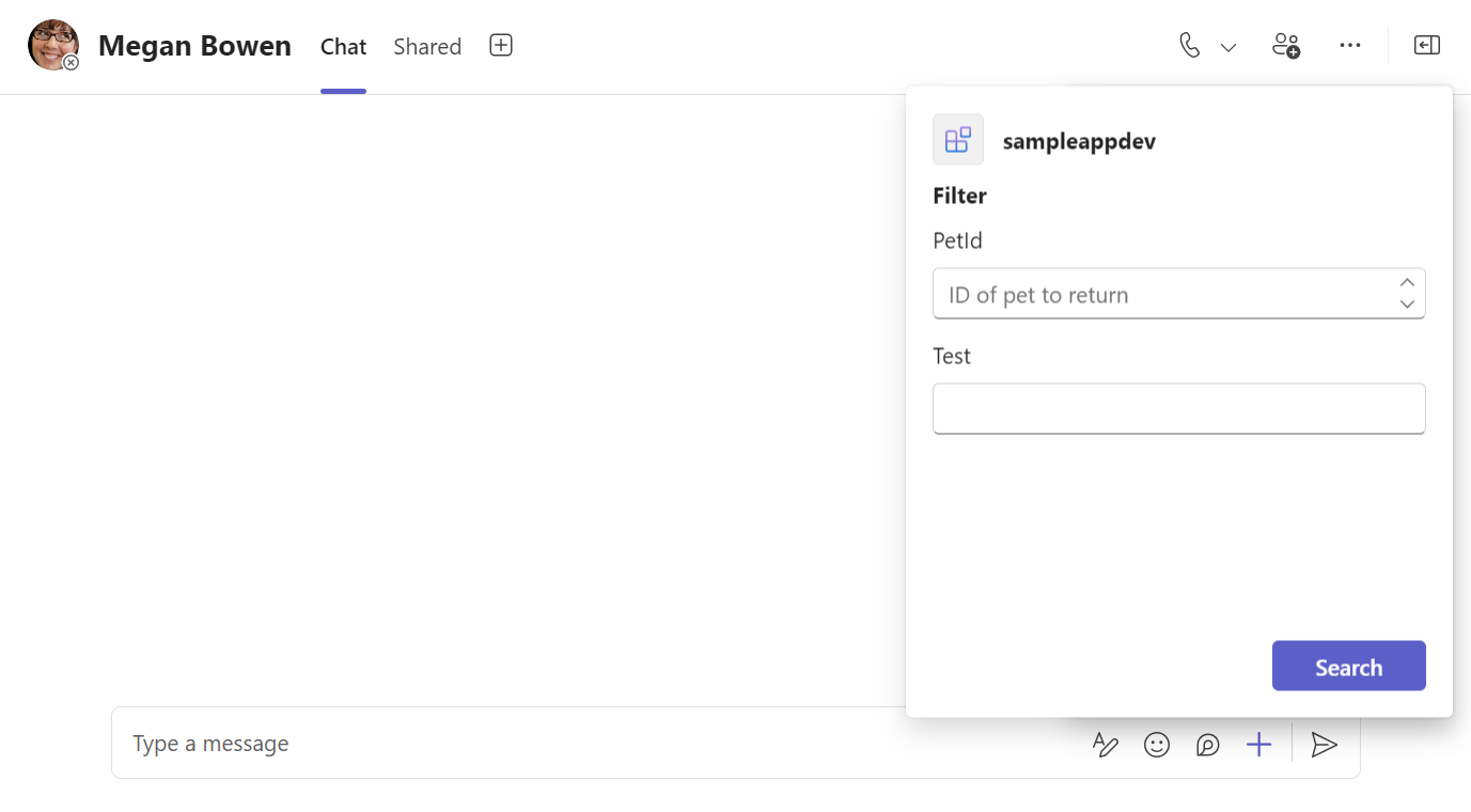 A captura de tela mostra a extensão de mensagem card no Teams para adicionar petId e texto.