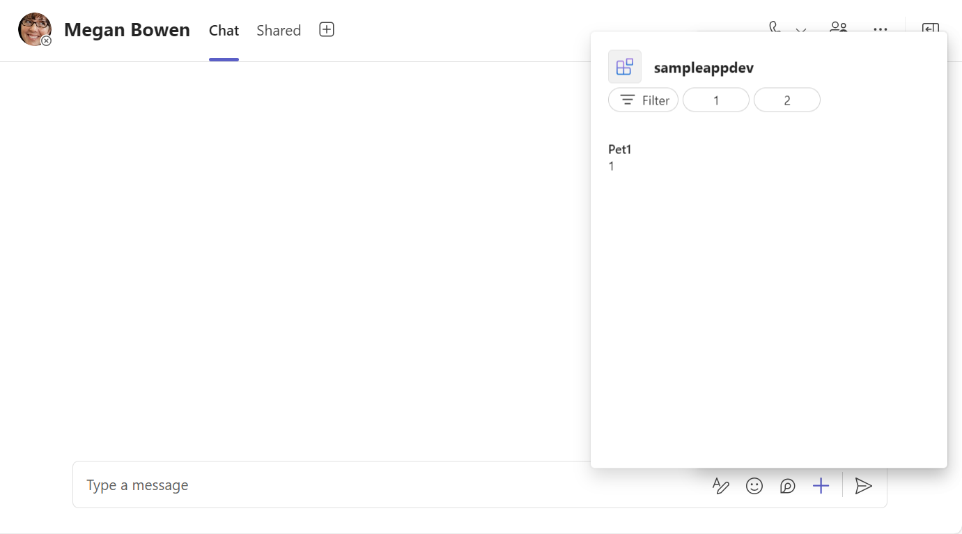 A captura de tela mostra a extensão de mensagem nos plug-ins do Teams.
