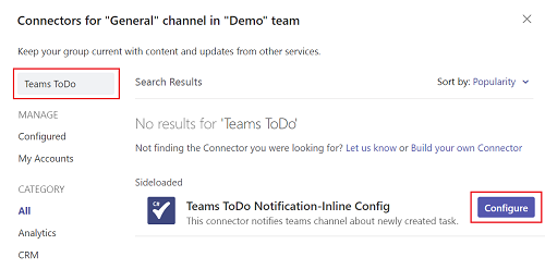 Captura de tela do canal Conectores para Geral na equipe de Demonstração com TeamsToDo e Configurar realçado em vermelho.