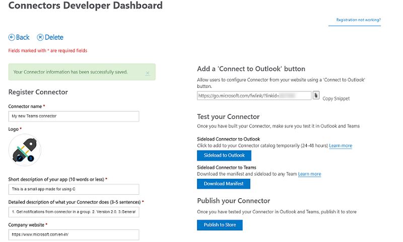 Captura de tela do Painel do Desenvolvedor de Conectores exibindo os detalhes do novo conector sendo registrado com êxito.