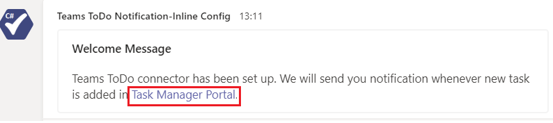 Captura de tela do Teams ToDo Notification-Inline Config com o Portal do Gerenciador de Tarefas realçado em vermelho.