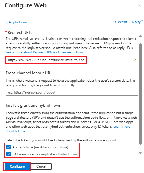 A captura de tela mostra a opção de adicionar uri de redirecionamento e selecionar concessão implícita e fluxos híbridos.