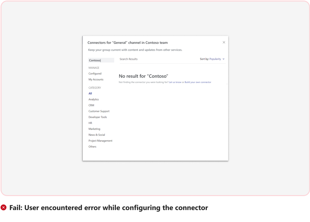 Captura de ecrã a mostrar um erro ao configurar o conector pelo utilizador.