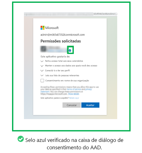 Gráfico a mostrar um exemplo de um distintivo azul verificado na caixa de diálogo consentimento do Microsoft Entra.