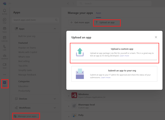 A captura de tela mostra a opção de carregar um aplicativo personalizado no Teams.