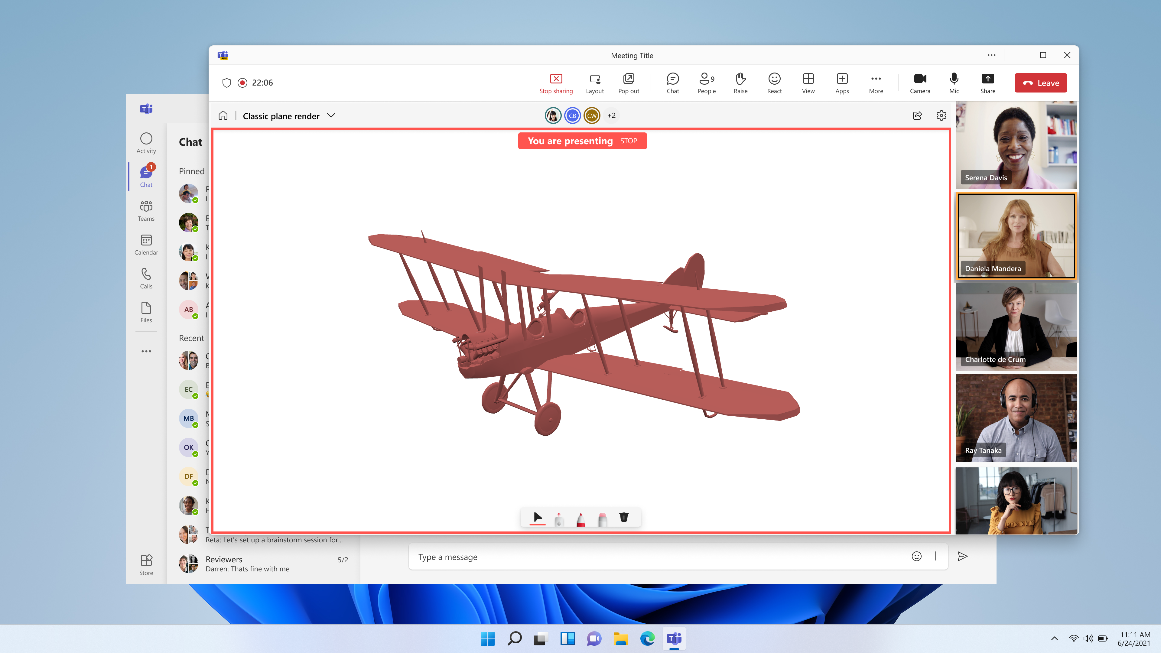 Captura de tela com o Live Share em uma reunião. Os participantes da reunião estão analisando um modelo 3D juntos.