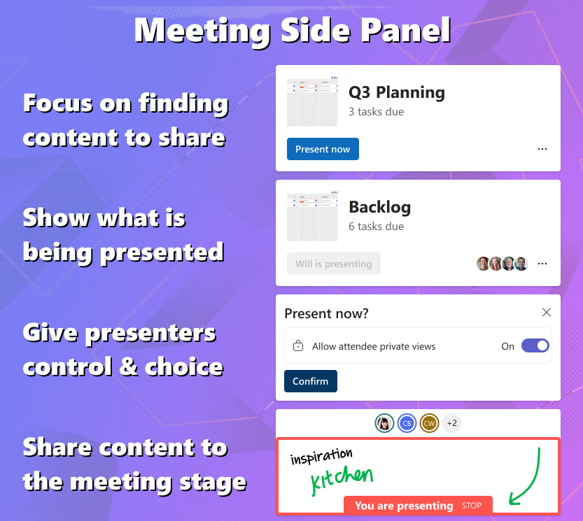 Visão geral dos casos de uso exclusivos para o Live Share no painel do lado da reunião.