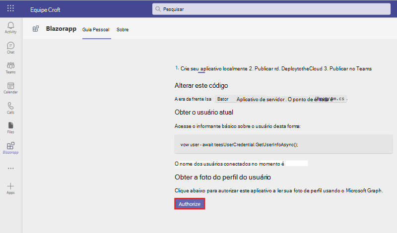 Captura de ecrã do Microsoft Teams com a opção Autorizar realçada a vermelho.