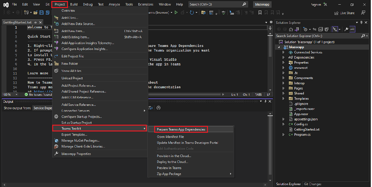 Captura de ecrã a mostrar o Visual Studio com as opções Project, Teams Toolkit e Preparar Dependências de Aplicações do Teams realçadas a vermelho.