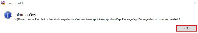 Captura de tela do Kit de Ferramentas do Teams com a opção OK realçada em vermelho.