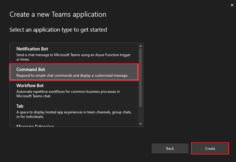 Captura de tela de Create um novo aplicativo do Teams com opções de Bot de Comando e Create realçadas em vermelho.