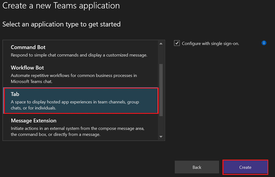 A captura de tela mostra a criação de um novo aplicativo do Teams com Tab.