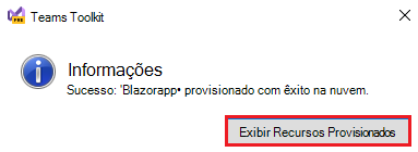 Captura de tela do Kit de Ferramentas do Teams com Exibir Recursos Provisionados realçados em vermelho.