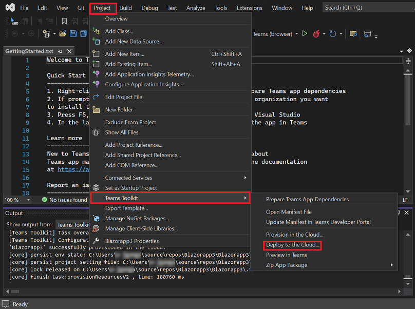 Captura de tela do Visual Studio com o Project, o Teams Toolkit e as opções Implantar na nuvem realçadas em vermelho.