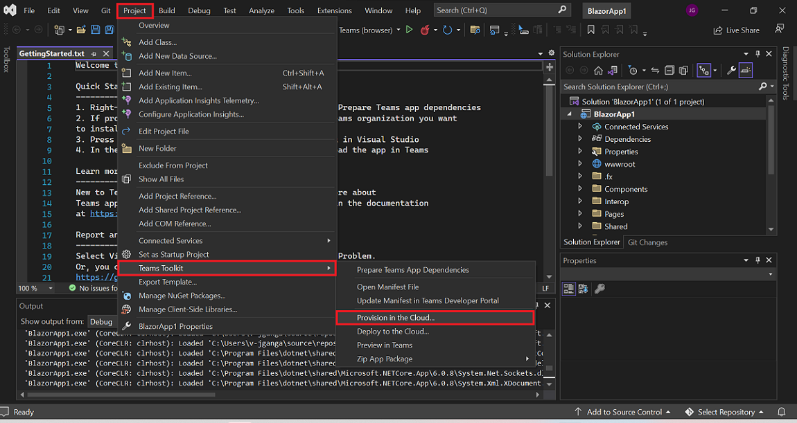 Captura de tela do Visual Studio com Project, Teams Toolkit e Provisionamento nas opções nuvem são realçadas em vermelho.