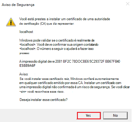 Captura de ecrã a mostrar a autoridade de certificação para instalar o certificado.