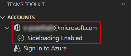 A captura de tela mostra o usuário conectado ao Microsoft 365 e à mensagem habilitada para sideload.