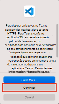 Captura de ecrã a mostrar o pedido para instalar um certificado SSL para permitir que o Teams carregue a sua aplicação a partir do localhost no Mac.