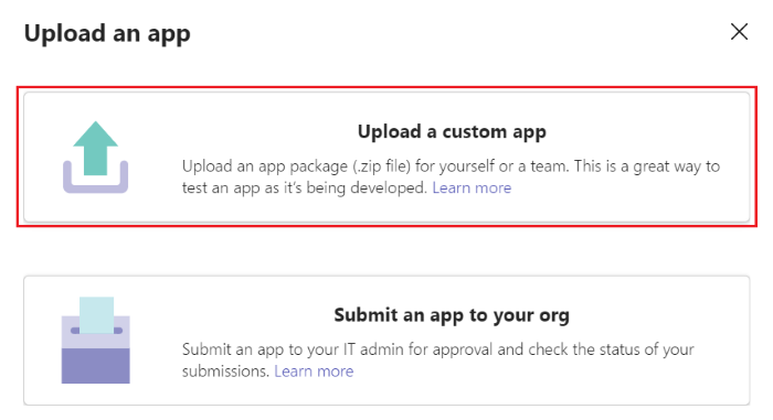A captura de tela mostra a opção de carregar um aplicativo personalizado no Teams.