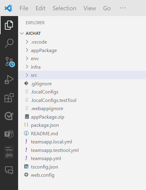 Captura de ecrã a mostrar a Estrutura da pasta de bots de exemplo do Teams Toolkit.