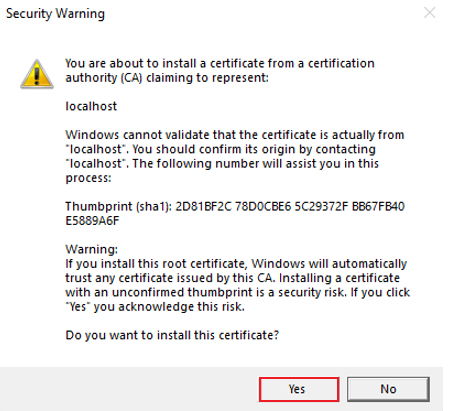 A captura de tela mostra a autoridade de certificação para instalar o certificado.