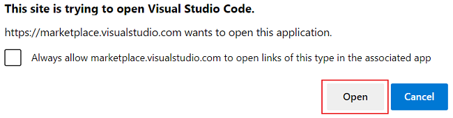 A captura de tela mostra uma janela pop-up para abrir o Visual Studio Code.
