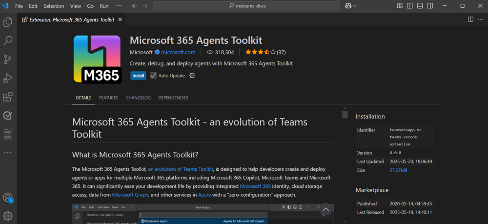 A captura de tela mostra como selecionar o Kit de Ferramentas de Agentes no Visual Studio Code.