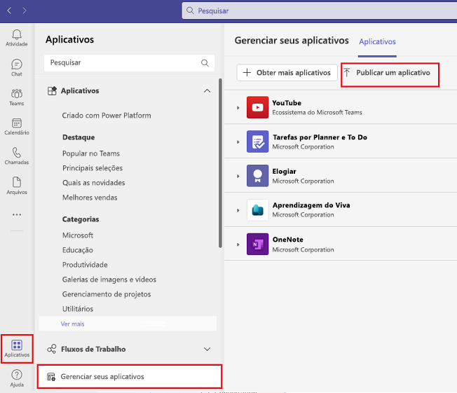 Captura de ecrã a mostrar a opção Carregar uma aplicação em Gerir as suas aplicações.