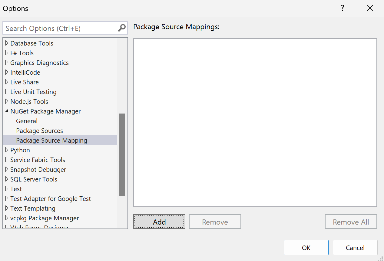 A caixa de diálogo Opções de Mapeamentos de Origem de Pacote do Visual Studio mostrando nenhum mapeamento de origem de pacote, com um botão Adicionar para criar um novo mapeamento.